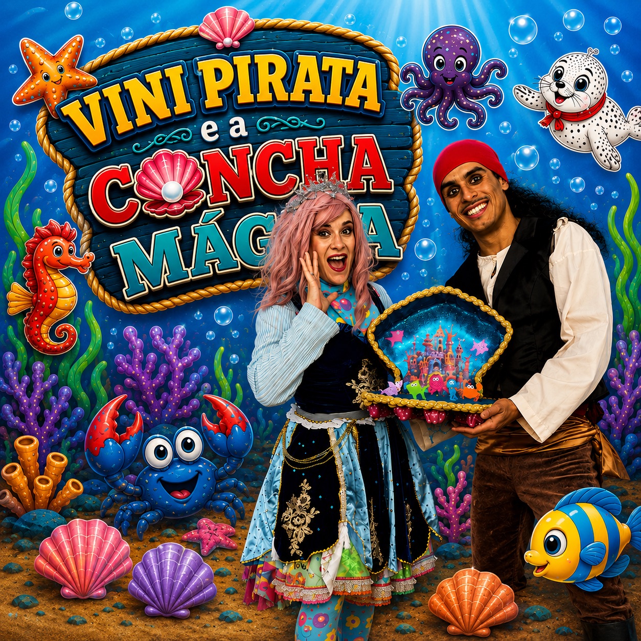 Vini Pirata, a Princesa do Mar e os amigos marinhos em uma aventura submarina