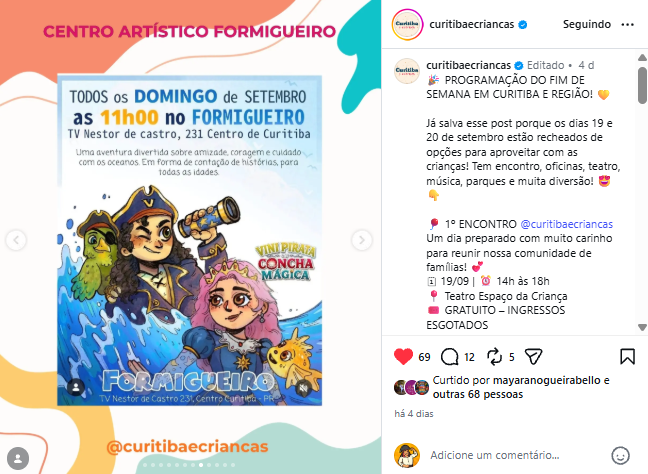Publicação de Curitiba Crianças sobre a programação no Formigueiro