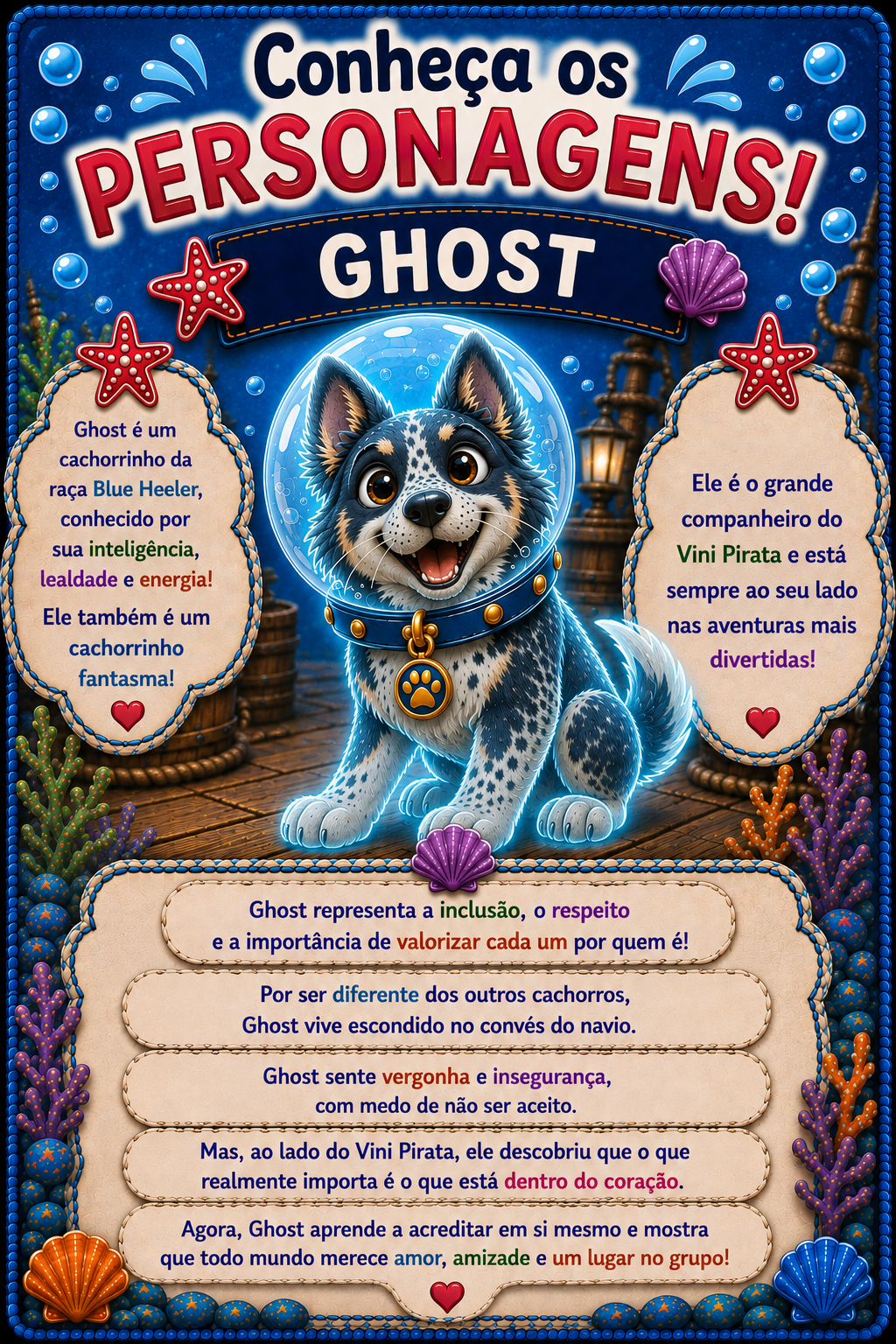 Ficha ilustrada de Ghost, cachorrinho Blue Heeler que aprende sobre amizade, respeito e pertencimento