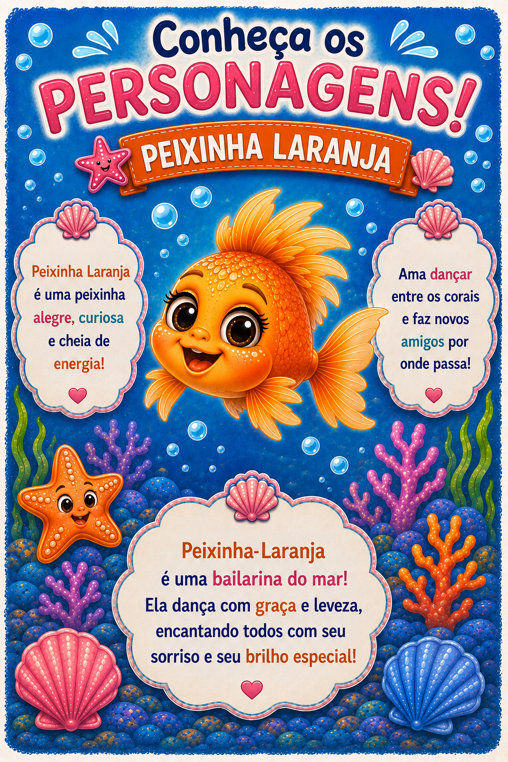 Ficha ilustrada da Peixinha Laranja, alegre e curiosa, que adora dançar entre os corais