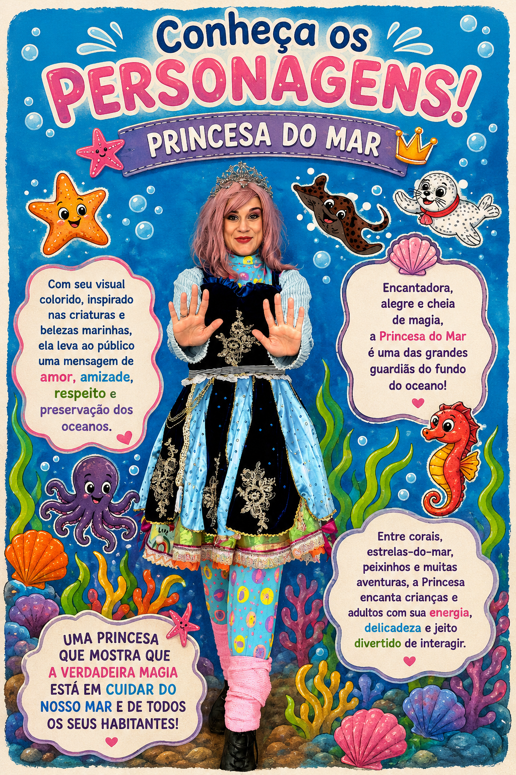 Ficha ilustrada da Princesa do Mar, encantadora, alegre e cheia de magia