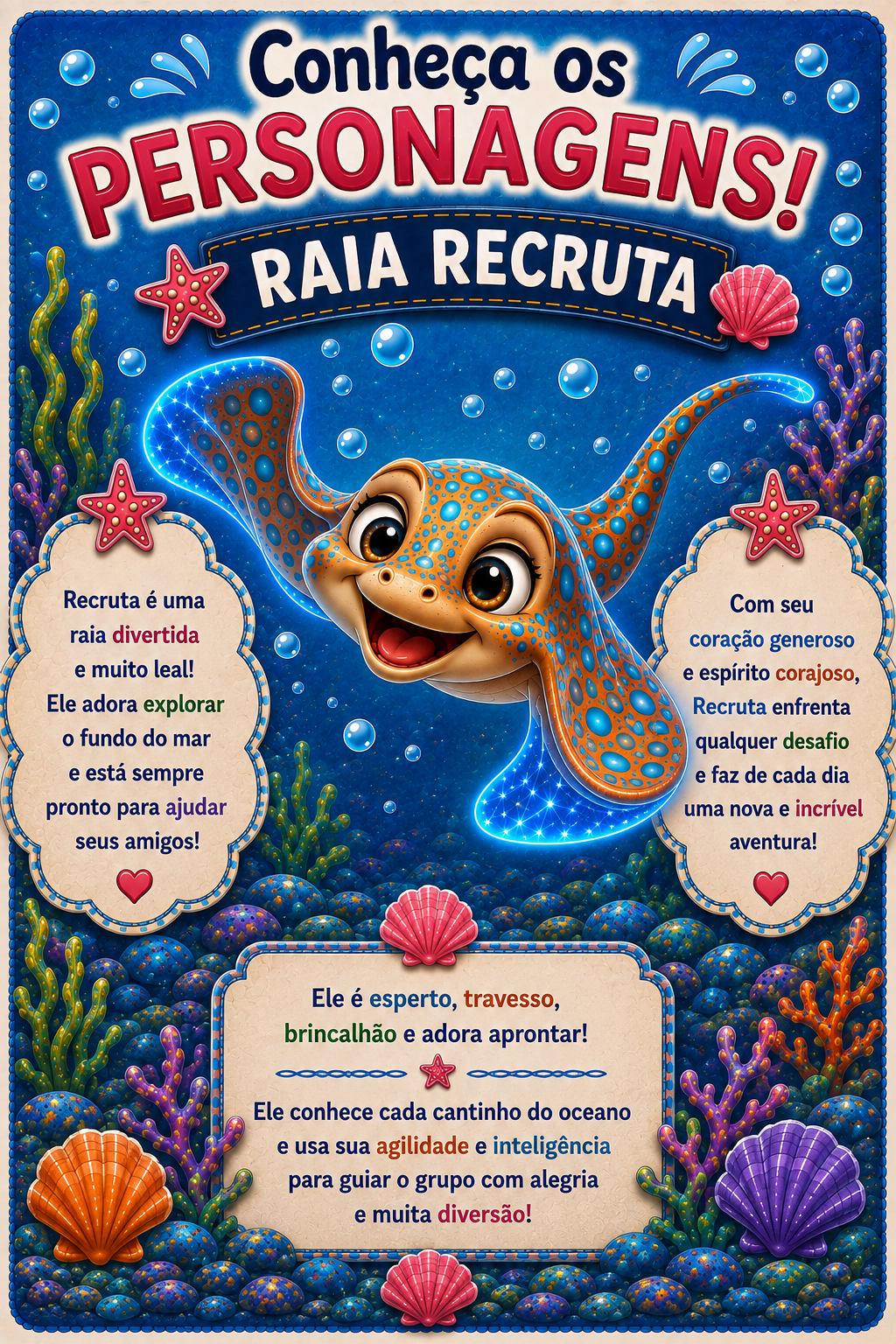 Ficha ilustrada de Recruta, raia travessa, esperta e pronta para ajudar os amigos