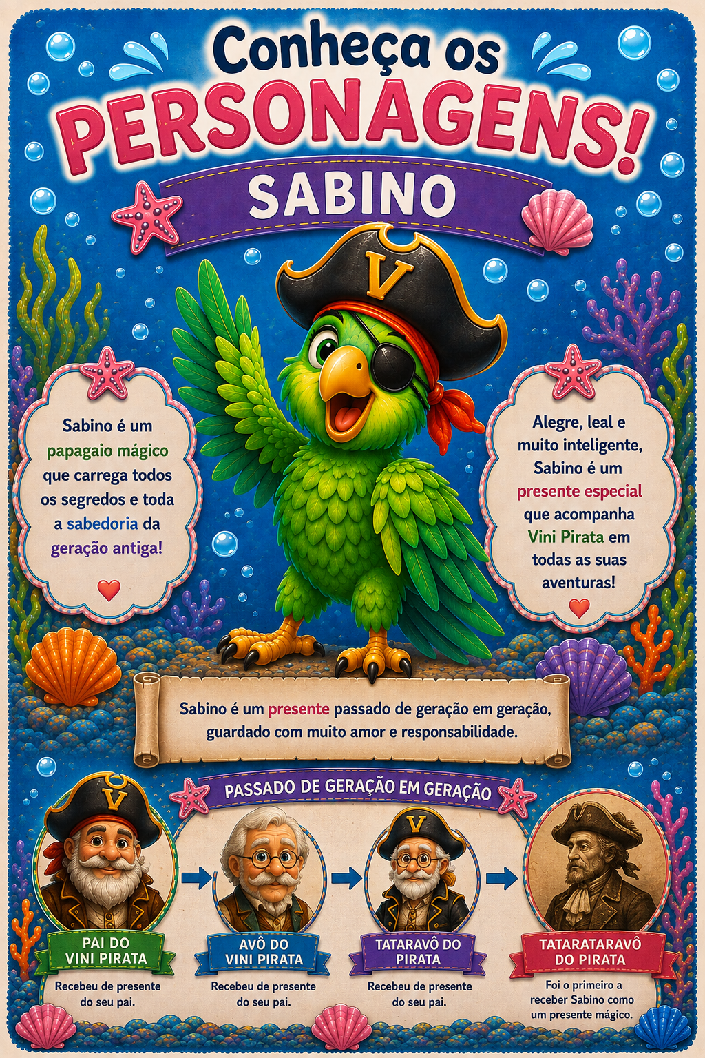 Ficha ilustrada de Sabino, papagaio mágico e guardião de uma sabedoria passada de geração em geração