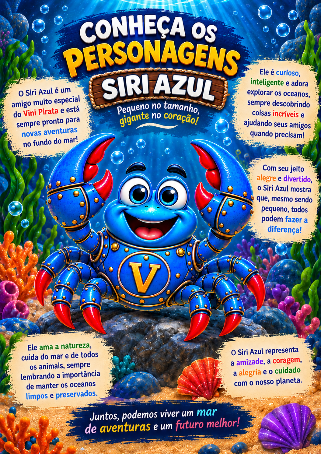 Ficha ilustrada do Siri Azul, pequeno no tamanho e gigante no coração, inteligente e amigo do oceano