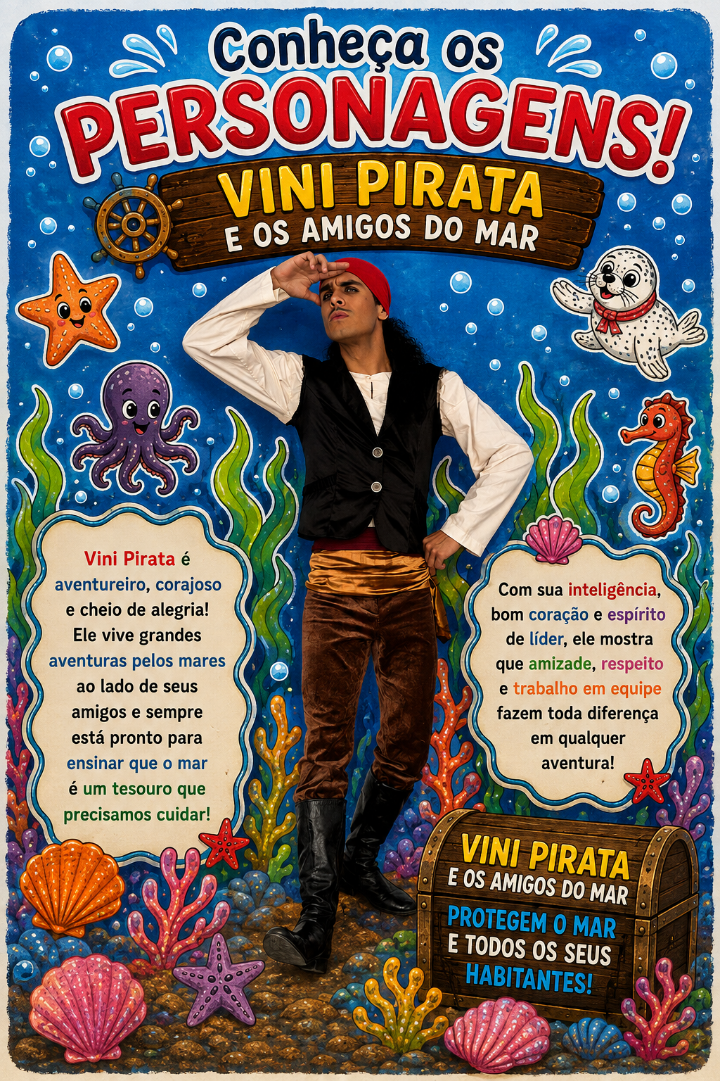 Ficha ilustrada de Vini Pirata: aventureiro, corajoso e cheio de alegria, protege o mar com os amigos